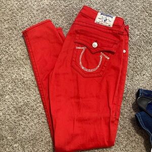 True Religion Red Straight Leg Jeans with Signature Stitching Halle